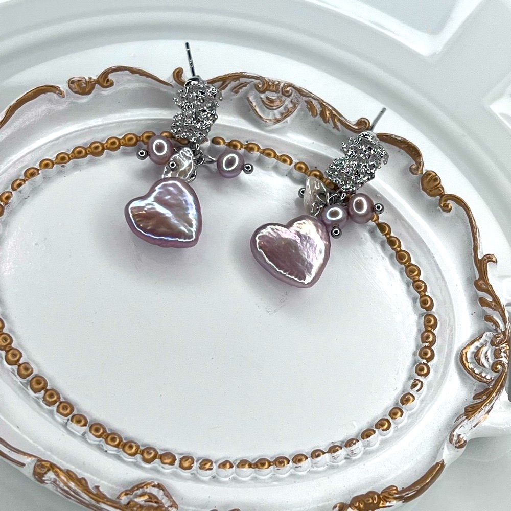 Handmade Freshwater Baroque Pearl Heart 💜 Earrings Rhodium Plated - Picture 2 of 3